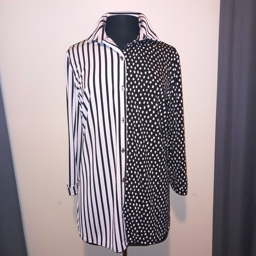 Nygard Mod Officecore workwear Black White Striped Polka Dot Tunic Top Blouse L